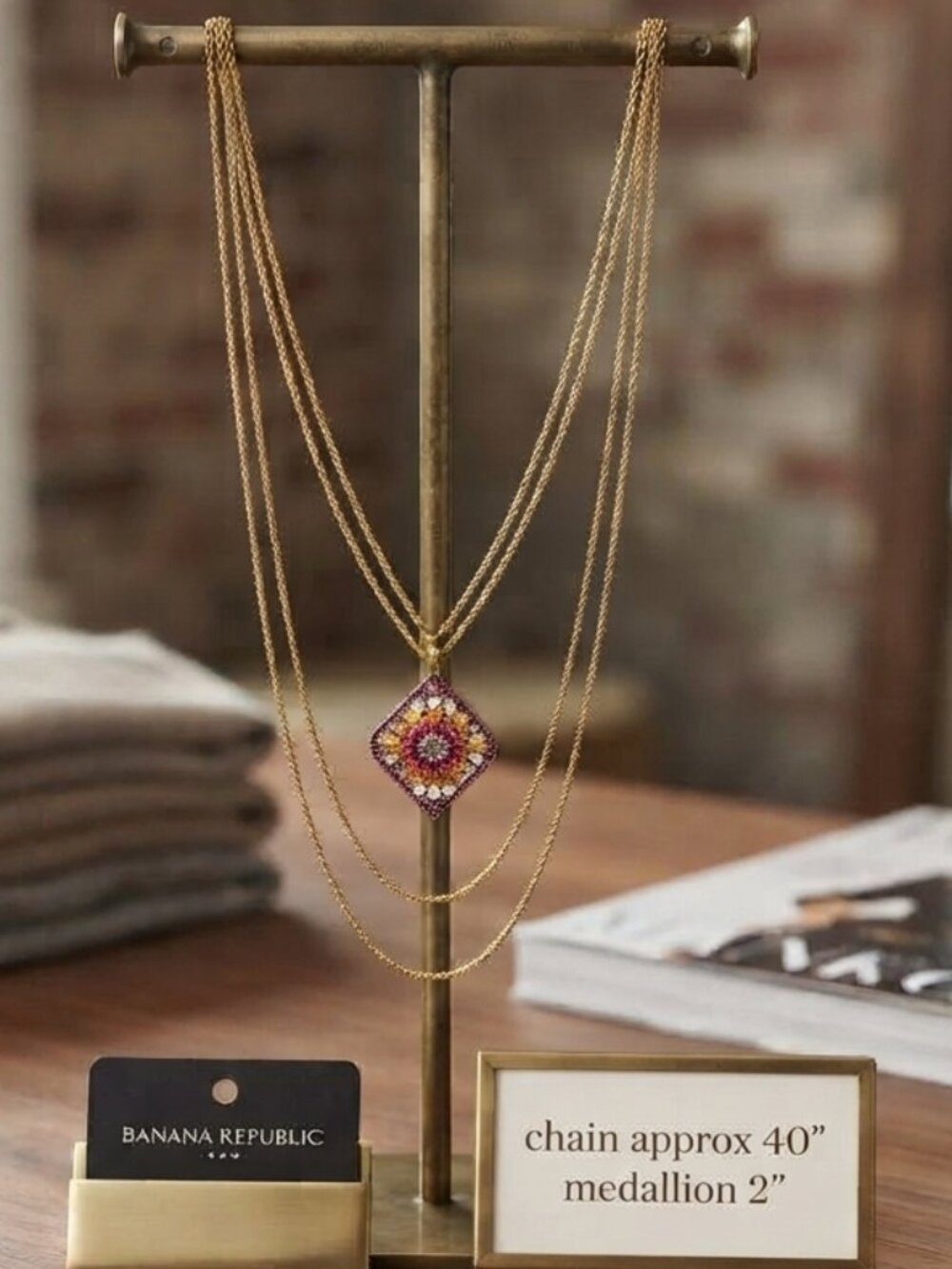 Banana Republic Gold Pave Crystal Medallion Long Layered Necklace